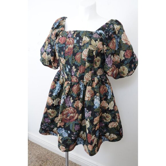 BOHME LaRuth Floral Brocade Short Puff Sleeves Pockets Smocked Mini Dress Size L - Picture 5 of 16